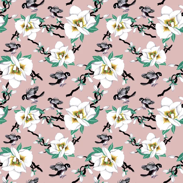 Pattern with  flowers and exotic birds — Stock Photo, Image