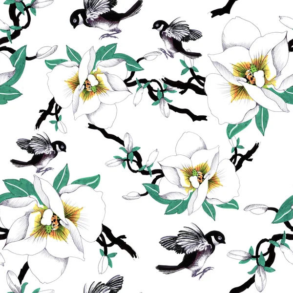 pattern with  flowers and exotic birds 