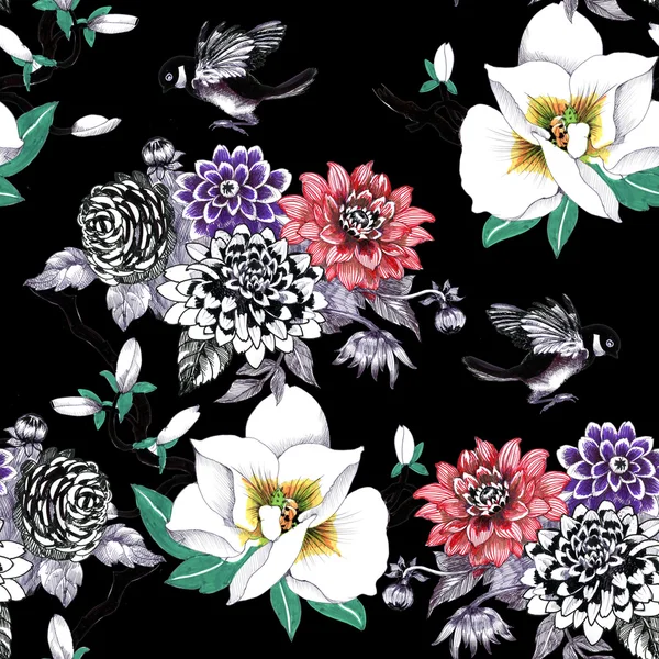 Pattern with  flowers and exotic birds — Stock Photo, Image