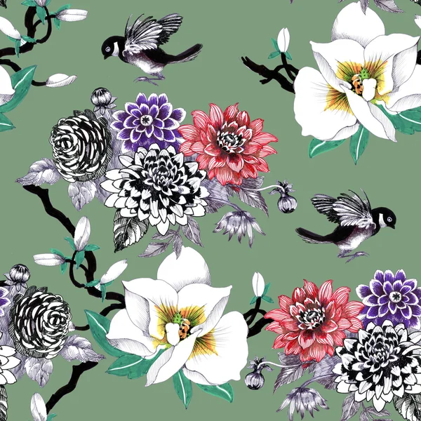 Patroon met bloemen en exotische vogels — Stockfoto