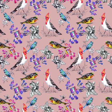 Güzel çiçekler ve kuşlar ile desen