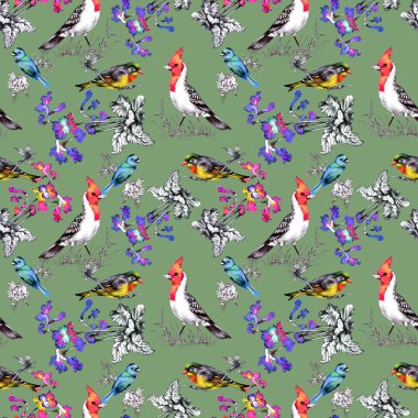 Güzel çiçekler ve kuşlar ile desen