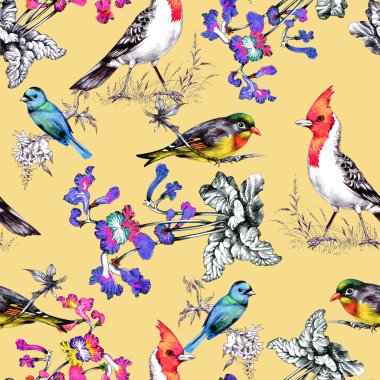 Güzel çiçekler ve kuşlar ile desen