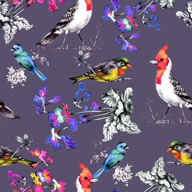 Güzel çiçekler ve kuşlar ile desen