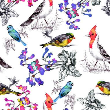Güzel çiçekler ve kuşlar ile desen