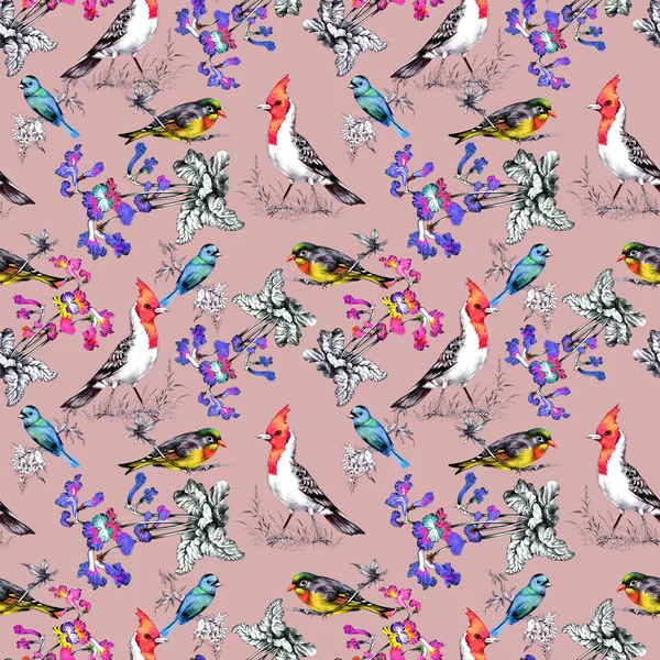 Güzel çiçekler ve kuşlar ile desen