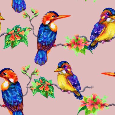 Güzel kuş ve çiçek deseni 