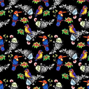 Güzel kuş ve çiçek deseni 