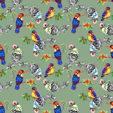Güzel kuş ve çiçek deseni 
