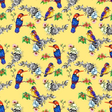 Güzel kuş ve çiçek deseni 