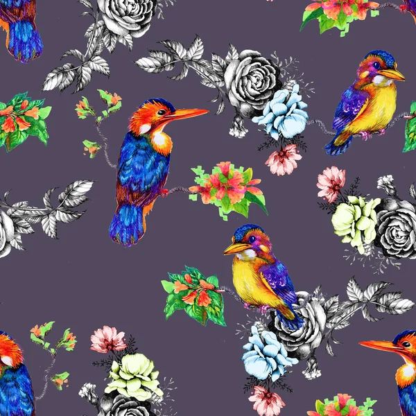 Beautiful birds and flowers pattern — Stock Photo, Image