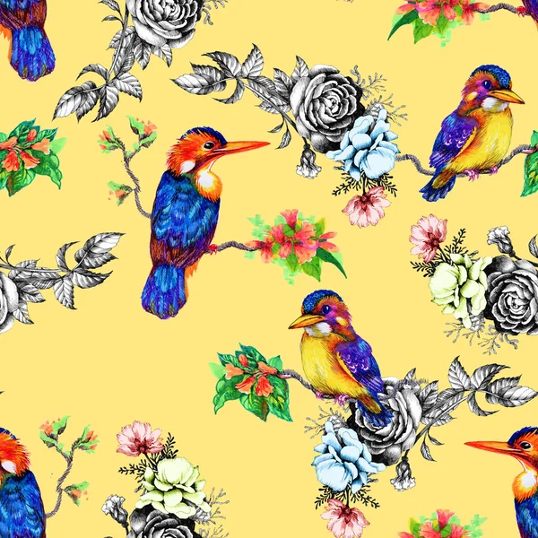 Krásný vzorek ptáků a květin — Stock fotografie
