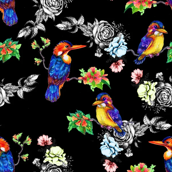 Beautiful birds and flowers pattern — Stock Photo, Image