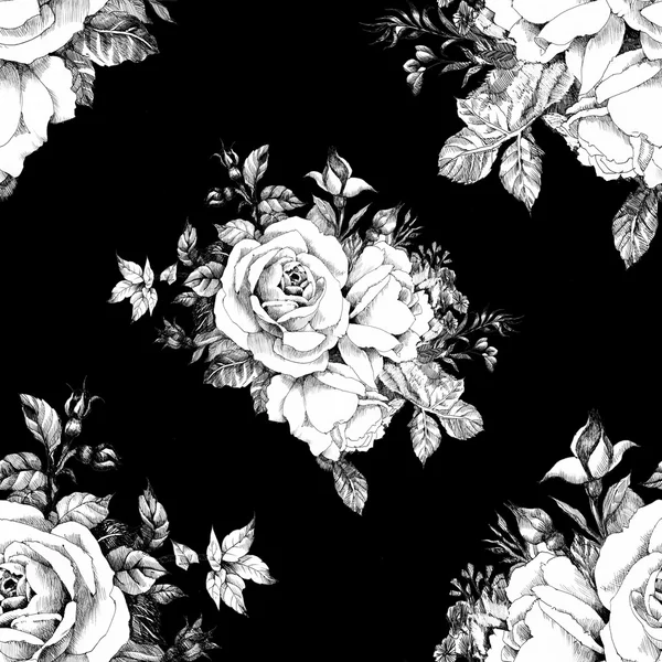 Patrón sin costuras con rosas blancas y negras —  Fotos de Stock