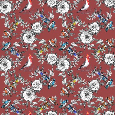 Kuşlar ve gül çiçek ile Seamless Modeli