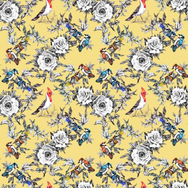 Kuşlar ve gül çiçek ile Seamless Modeli