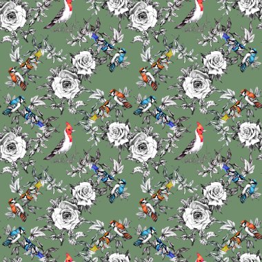 Kuşlar ve gül çiçek ile Seamless Modeli