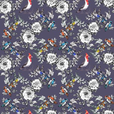 Kuşlar ve gül çiçek ile Seamless Modeli