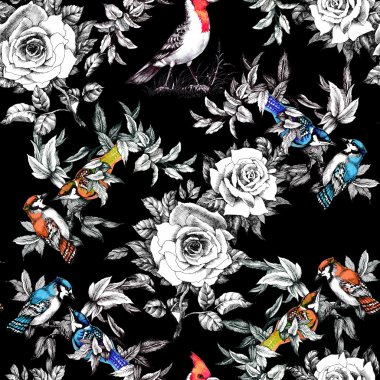 Kuşlar ve gül çiçek ile Seamless Modeli