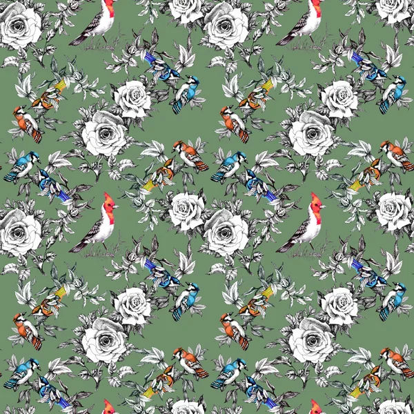 Kuşlar ve gül çiçek ile Seamless Modeli