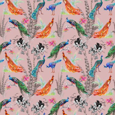 Tavus kuşu ve çiçekler ile Seamless Modeli