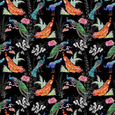 Tavus kuşu ve çiçekler ile Seamless Modeli