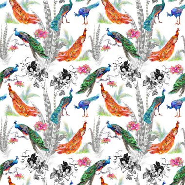 Tavus kuşu ve çiçekler ile Seamless Modeli