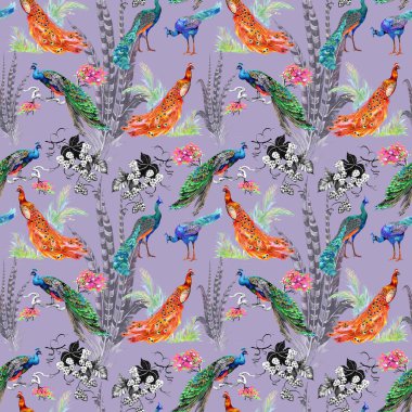 Tavus kuşu ve çiçekler ile Seamless Modeli