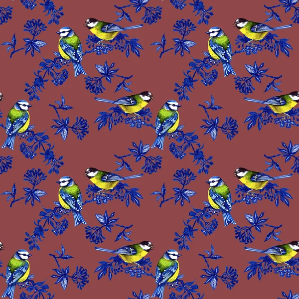 Birds on Spring twigs seamless pattern