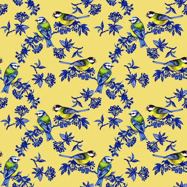 Birds on Spring twigs seamless pattern — Stock Photo, Image
