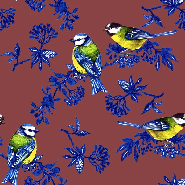 Oiseaux sur les brindilles de printemps motif sans couture — Photo