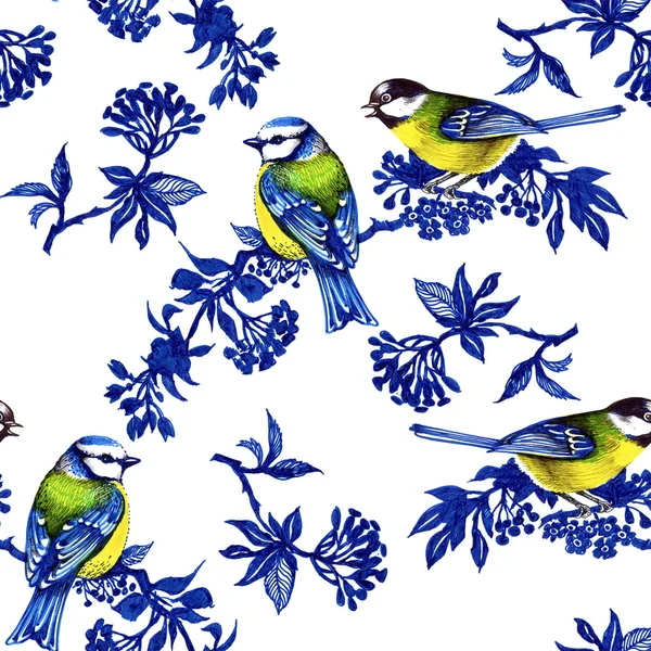 Birds on Spring twigs seamless pattern