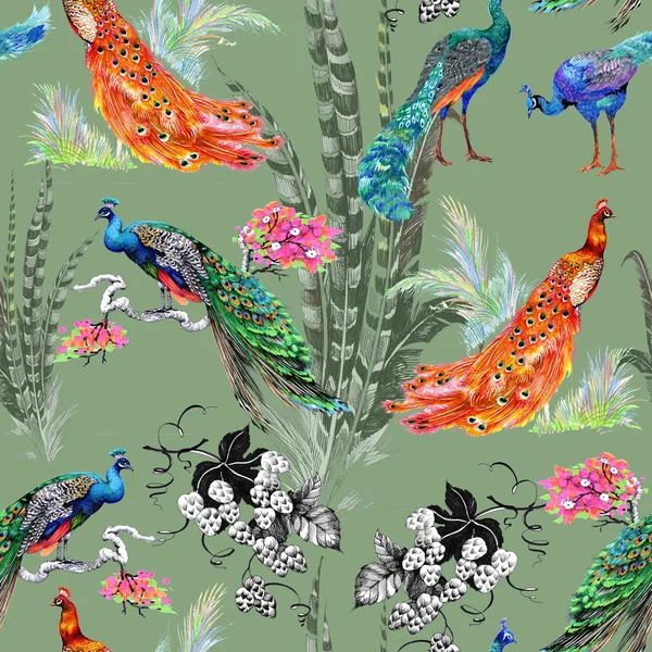 Seamless mönster med påfåglar och blommor — Stockfoto