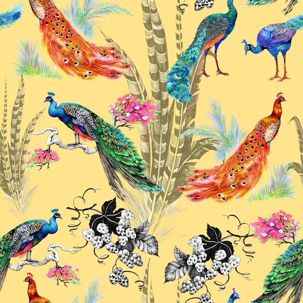 공작 새와 꽃 원활한 패턴 — 스톡 사진
