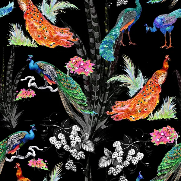 Seamless pattern with peacocks and flowers — Stock Photo, Image