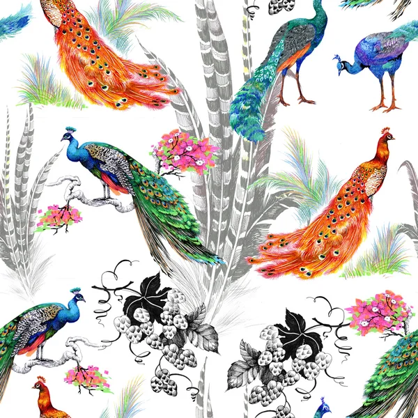 Seamless pattern with peacocks and flowers — Stock Photo, Image