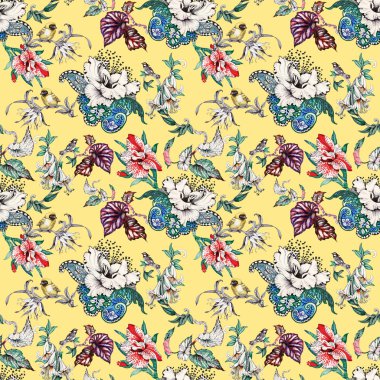 Tropikal çiçekler ve kuşlarla kusursuz desen