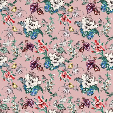 Tropikal çiçekler ve kuşlarla kusursuz desen