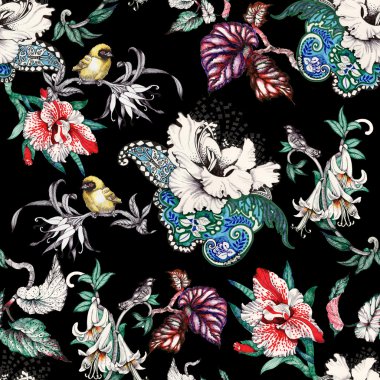 Tropikal çiçekler ve kuşlarla kusursuz desen