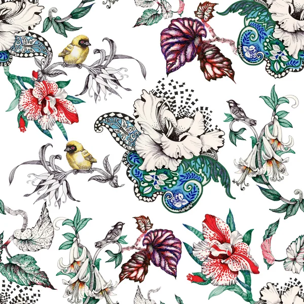 Nahtloses Muster mit tropischen Blumen und Vögeln — Stockfoto