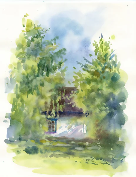 Landhaus im grünen Sommertag — Stockfoto