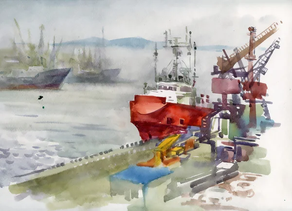 Seehafen mit Kränen und Booten — Stockfoto