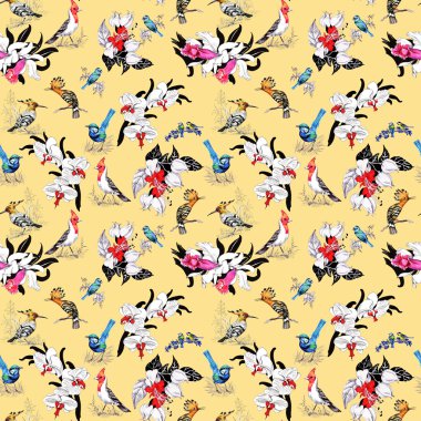 Desen yaz çiçek ve egzotik kuşlar