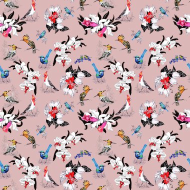 Desen yaz çiçek ve egzotik kuşlar