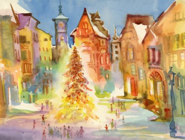 Noel tatil şehir merkezi. Suluboya resim.