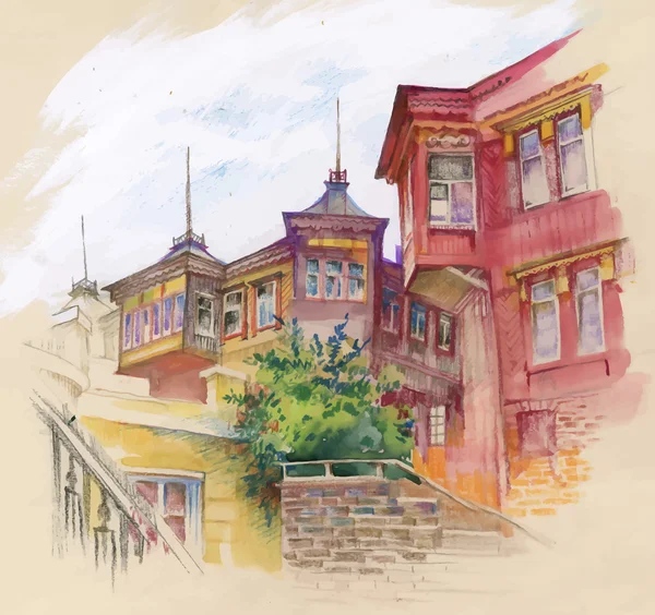 Akvarel podzimní město ulice — Stockový vektor