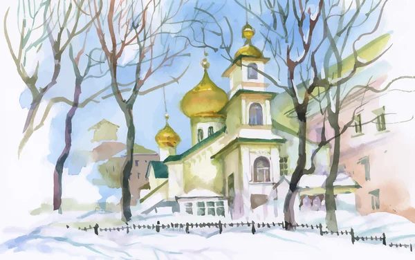 Paisagem de inverno aquarela com igreja . — Vetor de Stock