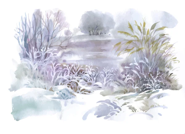 Watercolor winter landscape illustration. — Stock Vector