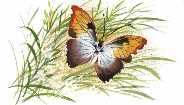 Patrón de acuarela colorido con mariposa y flores de verano . — Vector de stock