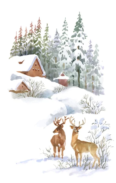 Paysage hivernal aquarelle avec cerfs . — Image vectorielle